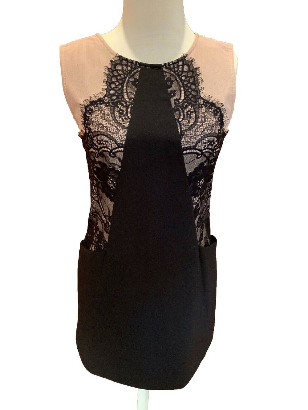 Gianni Bini Black Lace & Nude Illusion Lace Sheath Dress Cocktail Small